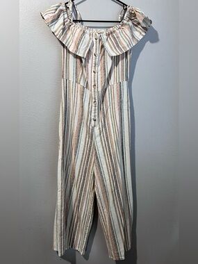 Easel Striped Button-Front Jumpsuit in Cream, Tan & Green